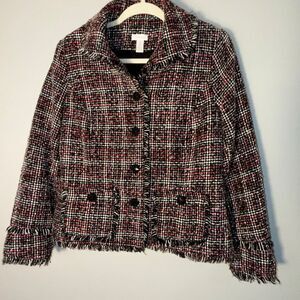 Chico’s Tweed Blazer Jacket Red Black White Fringe Trim Classic Fit Button Front